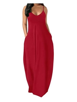 OFEEFAN Women's Maxi Dresses Summer Spaghetti Strap Dress with Pockets