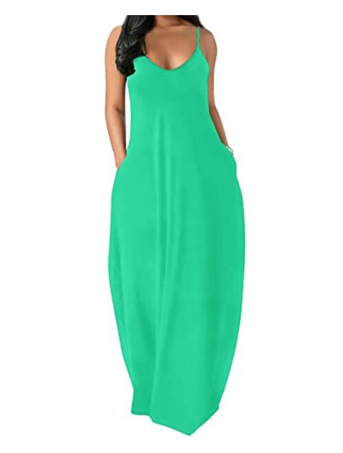 OFEEFAN Women's Maxi Dresses Summer Spaghetti Strap Dress with Pockets