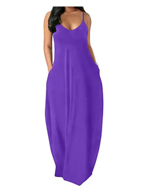 OFEEFAN Women's Maxi Dresses Summer Spaghetti Strap Dress with Pockets