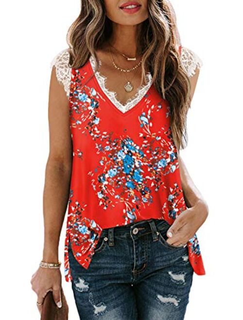 XIEERDUO Women's V Neck Lace Tank Tops Summer Casual Sleeveless Shirts Tops Side Split