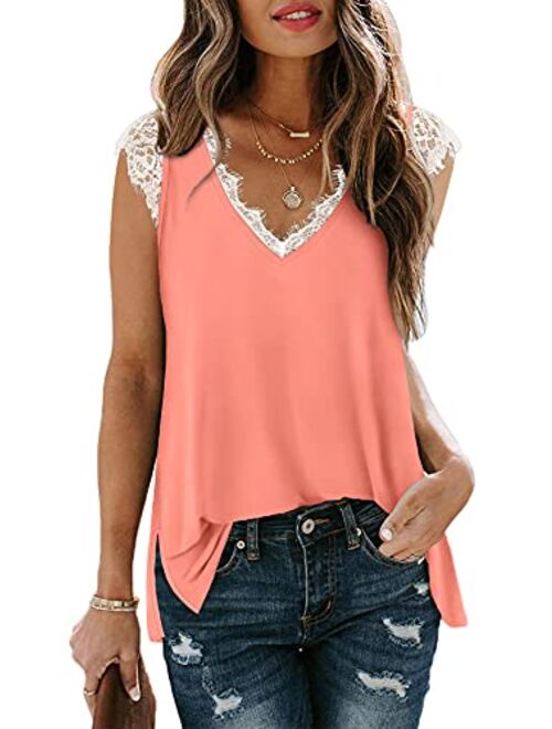 XIEERDUO Women's V Neck Lace Tank Tops Summer Casual Sleeveless Shirts Tops Side Split