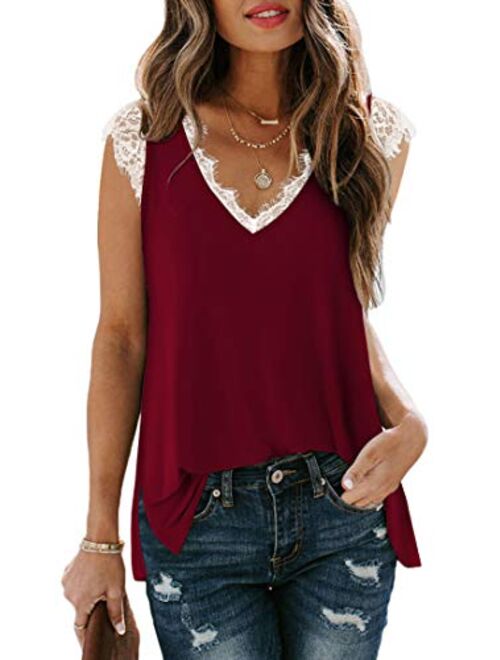 XIEERDUO Women's V Neck Lace Tank Tops Summer Casual Sleeveless Shirts Tops Side Split