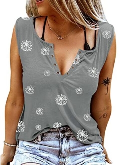 ETCYY Sleeveless V Neck Tank Tops for Women Loose Fit Causal Summer Tie Dye Country Music Ring Hole Floral Printed T Shirt