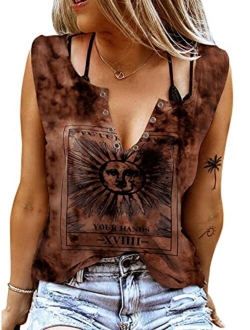 ETCYY Sleeveless V Neck Tank Tops for Women Loose Fit Causal Summer Tie Dye Country Music Ring Hole Floral Printed T Shirt