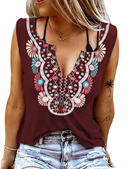 ETCYY Sleeveless V Neck Tank Tops for Women Loose Fit Causal Summer Tie Dye Country Music Ring Hole Floral Printed T Shirt