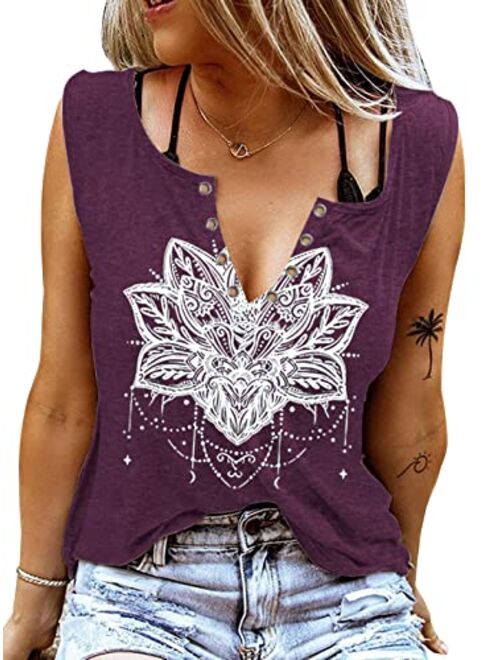 ETCYY Sleeveless V Neck Tank Tops for Women Loose Fit Causal Summer Tie Dye Country Music Ring Hole Floral Printed T Shirt