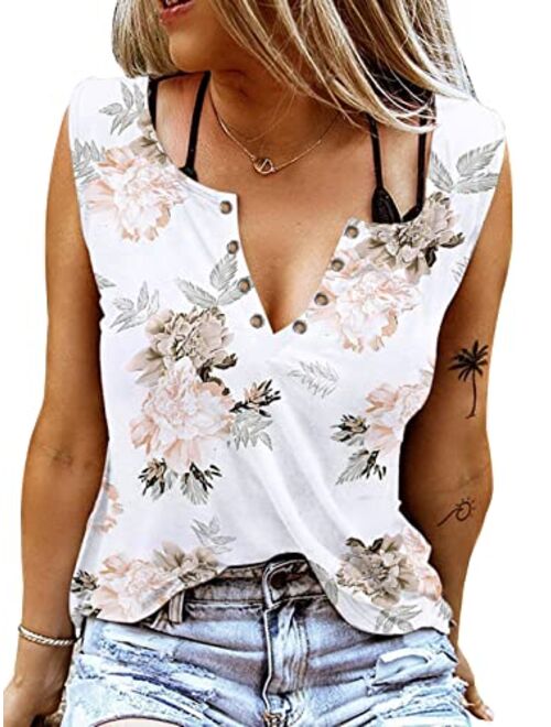 ETCYY Sleeveless V Neck Tank Tops for Women Loose Fit Causal Summer Tie Dye Country Music Ring Hole Floral Printed T Shirt