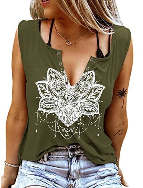 ETCYY Sleeveless V Neck Tank Tops for Women Loose Fit Causal Summer Tie Dye Country Music Ring Hole Floral Printed T Shirt