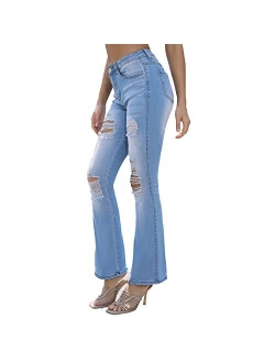 VIPONES Flare Jeans for Women High Waist Stretch Slimming Destoryed Wide Leg Pants Rise Skinny