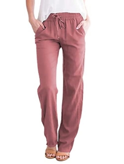 EVALESS Casual Pants for Women Solid Color Elastic High Wasited Comfy Trousers with Pockets