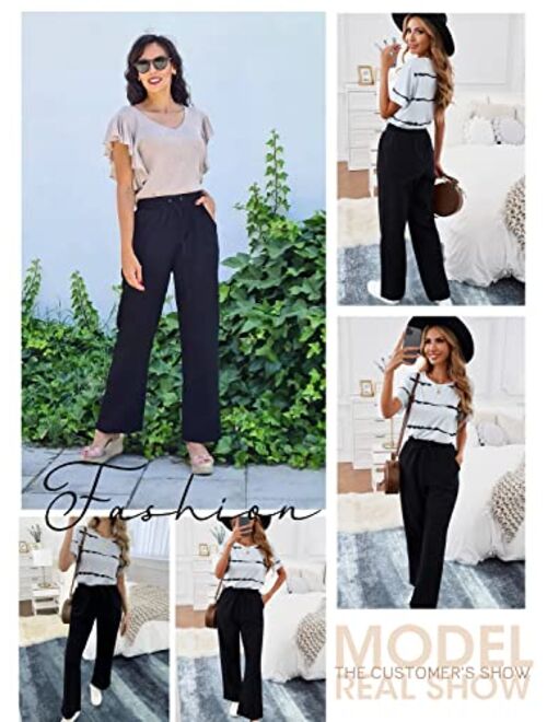 EVALESS Casual Pants for Women Solid Color Elastic High Wasited Comfy Trousers with Pockets