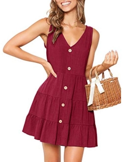 MITILLY Women's Summer Sleeveless V Neck Button Down Casual Pocket Swing Short Dress