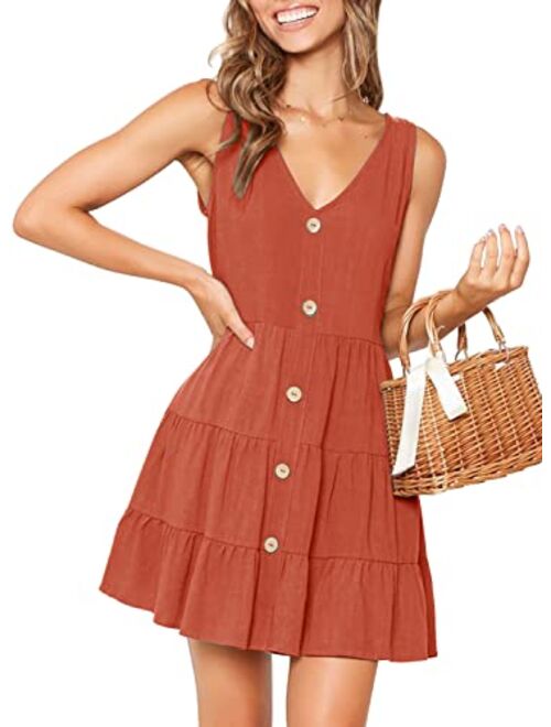 MITILLY Women's Summer Sleeveless V Neck Button Down Casual Pocket Swing Short Dress