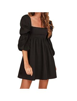 EXLURA Womens Square Neck Dress Long Puff Sleeve A-Line Casual Short Mini Dress