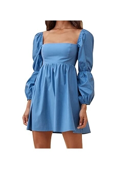 EXLURA Womens Square Neck Dress Long Puff Sleeve A-Line Casual Short Mini Dress