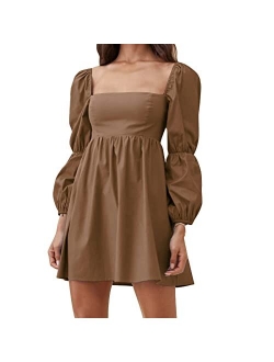 EXLURA Womens Square Neck Dress Long Puff Sleeve A-Line Casual Short Mini Dress