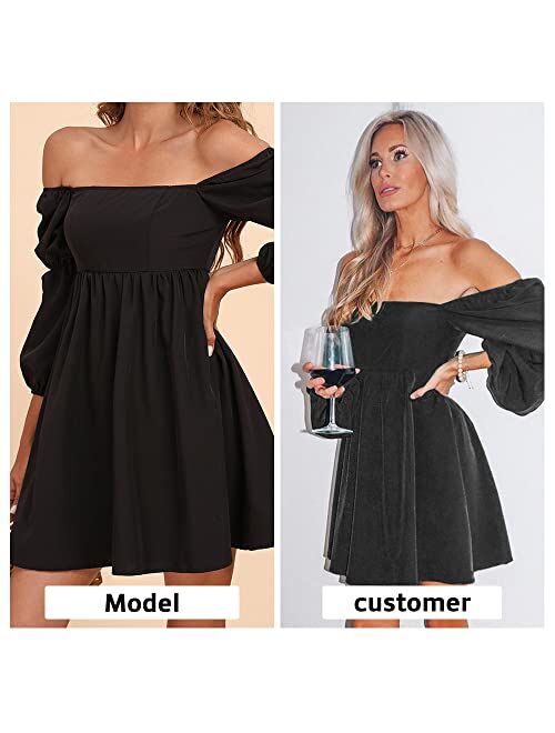 EXLURA Womens Square Neck Dress Long Puff Sleeve A-Line Casual Short Mini Dress