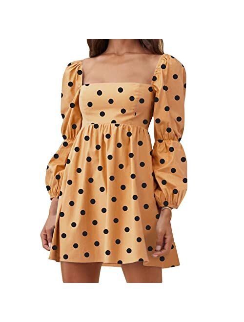 EXLURA Womens Square Neck Dress Long Puff Sleeve A-Line Casual Short Mini Dress