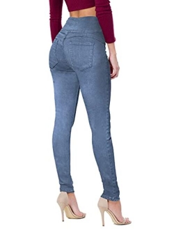 Hybrid & Company Women Butt Lift 3 Buttons High Wide Waist Stretch Denim Skinny Jeans