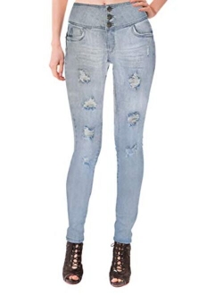 Hybrid & Company Women Butt Lift 3 Buttons High Wide Waist Stretch Denim Skinny Jeans