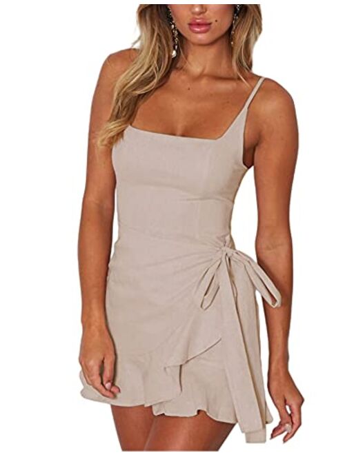 Relipop Women's Dress Spaghetti Strap Waist Tie Knot Wrap Front Ruffle Hem Short Dress