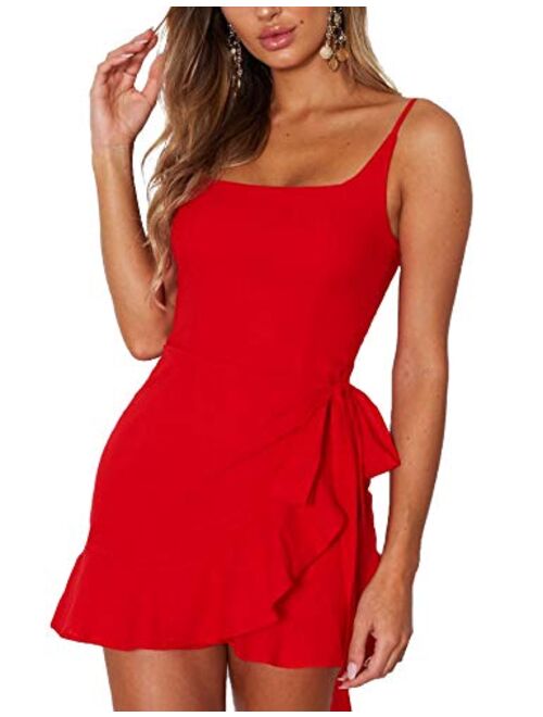 Relipop Women's Dress Spaghetti Strap Waist Tie Knot Wrap Front Ruffle Hem Short Dress