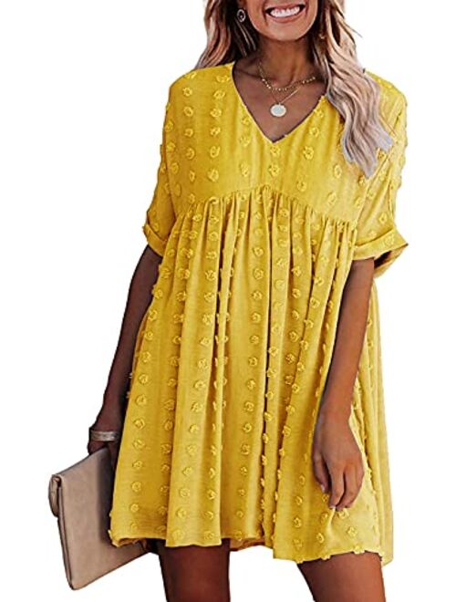 KIRUNDO Summer Women’s Short Sleeves Mini Dress Sexy V Neck Flowy Casual Dress Swiss Dot Short Loose Fit Plus Size Dress