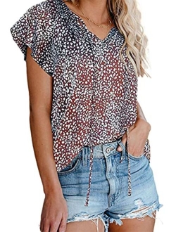 Women's Casual Boho Floral Printed V Neck Tops Drawstring Short Long Sleeve T Shirt Blouses