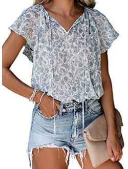 Women's Casual Boho Floral Printed V Neck Tops Drawstring Short Long Sleeve T Shirt Blouses