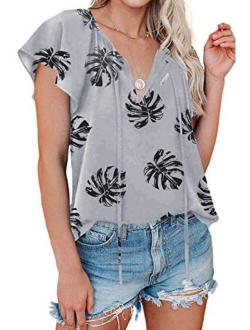 Women's Casual Boho Floral Printed V Neck Tops Drawstring Short Long Sleeve T Shirt Blouses