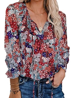 Women's Casual Boho Floral Printed V Neck Tops Drawstring Short Long Sleeve T Shirt Blouses