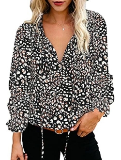 Women's Casual Boho Floral Printed V Neck Tops Drawstring Short Long Sleeve T Shirt Blouses