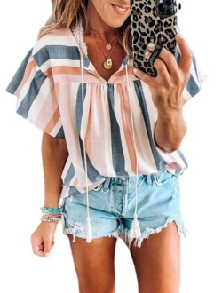 Women's Casual Boho Floral Printed V Neck Tops Drawstring Short Long Sleeve T Shirt Blouses