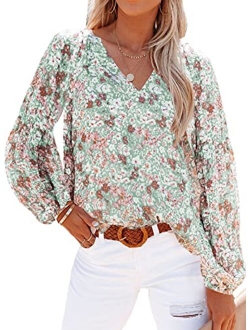 Women's Casual Boho Floral Printed V Neck Tops Drawstring Short Long Sleeve T Shirt Blouses