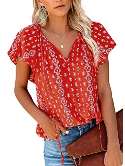 Women's Casual Boho Floral Printed V Neck Tops Drawstring Short Long Sleeve T Shirt Blouses