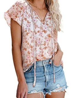 Women's Casual Boho Floral Printed V Neck Tops Drawstring Short Long Sleeve T Shirt Blouses