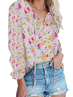 Women's Casual Boho Floral Printed V Neck Tops Drawstring Short Long Sleeve T Shirt Blouses