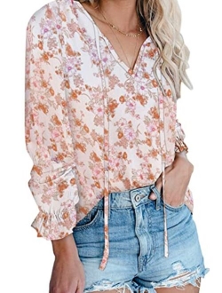 Women's Casual Boho Floral Printed V Neck Tops Drawstring Short Long Sleeve T Shirt Blouses