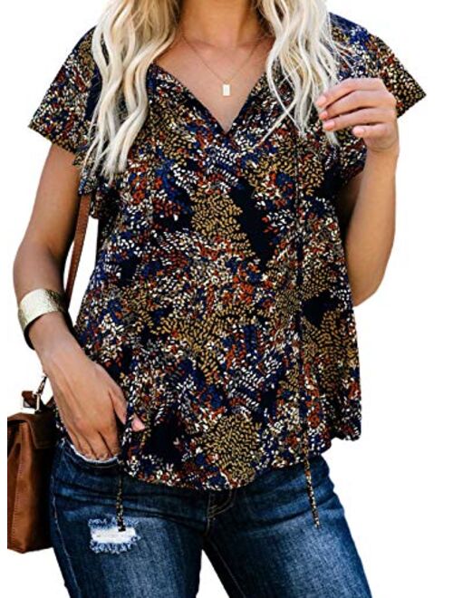 Dokotoo Women's Casual Boho Floral Printed V Neck Tops Drawstring Short Long Sleeve T Shirt Blouses