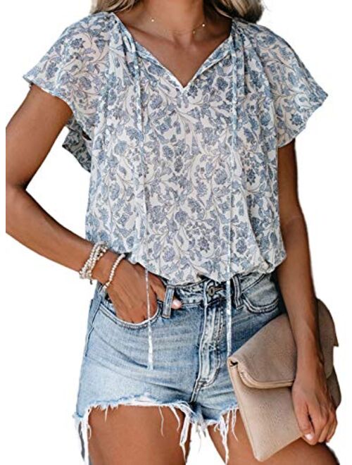 Dokotoo Women's Casual Boho Floral Printed V Neck Tops Drawstring Short Long Sleeve T Shirt Blouses