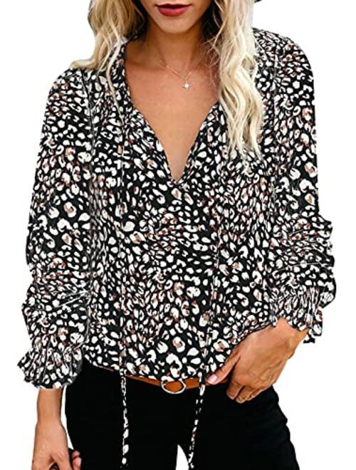 Dokotoo Women's Casual Boho Floral Printed V Neck Tops Drawstring Short Long Sleeve T Shirt Blouses