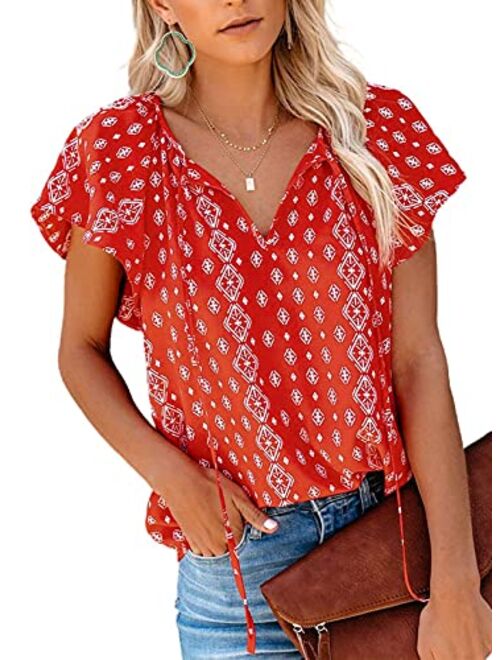 Dokotoo Women's Casual Boho Floral Printed V Neck Tops Drawstring Short Long Sleeve T Shirt Blouses