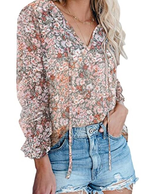 Dokotoo Women's Casual Boho Floral Printed V Neck Tops Drawstring Short Long Sleeve T Shirt Blouses