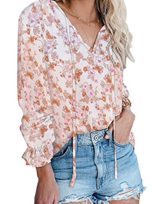 Dokotoo Women's Casual Boho Floral Printed V Neck Tops Drawstring Short Long Sleeve T Shirt Blouses