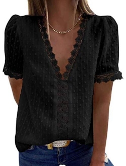 Women's V Neck Lace Crochet Tunic Tops Flowy Casual Blouses Shirts