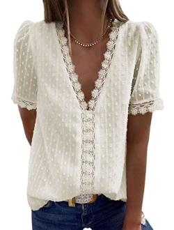 Women's V Neck Lace Crochet Tunic Tops Flowy Casual Blouses Shirts