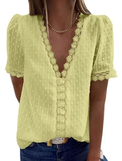 Women's V Neck Lace Crochet Tunic Tops Flowy Casual Blouses Shirts