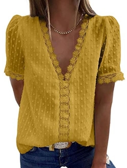 Women's V Neck Lace Crochet Tunic Tops Flowy Casual Blouses Shirts