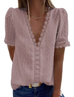 Women's V Neck Lace Crochet Tunic Tops Flowy Casual Blouses Shirts