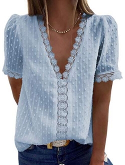 Women's V Neck Lace Crochet Tunic Tops Flowy Casual Blouses Shirts